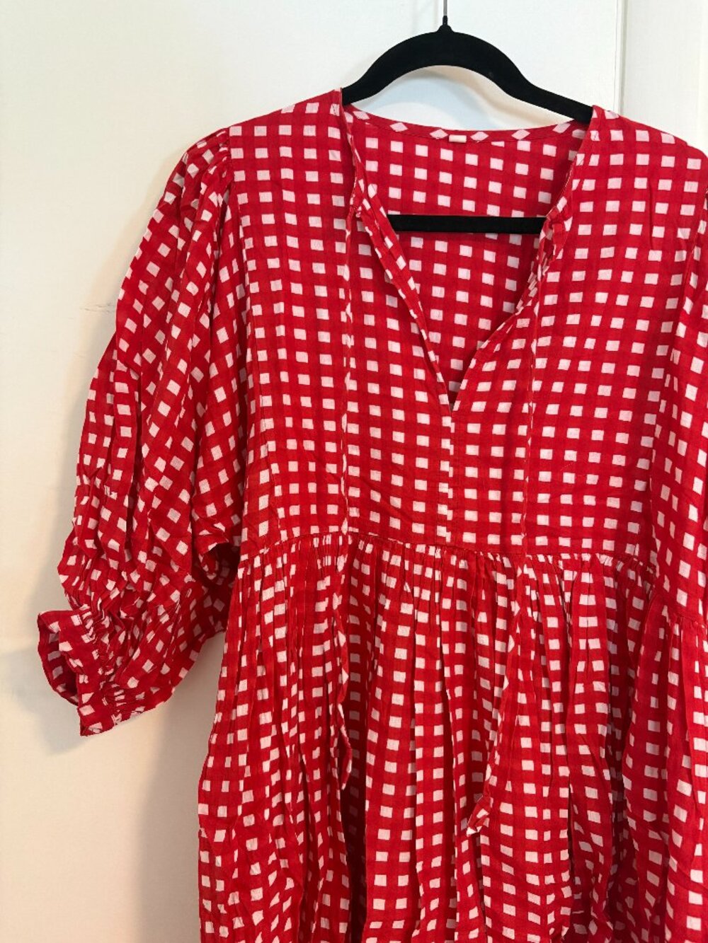 Red Gingham Block Print Midi Dress